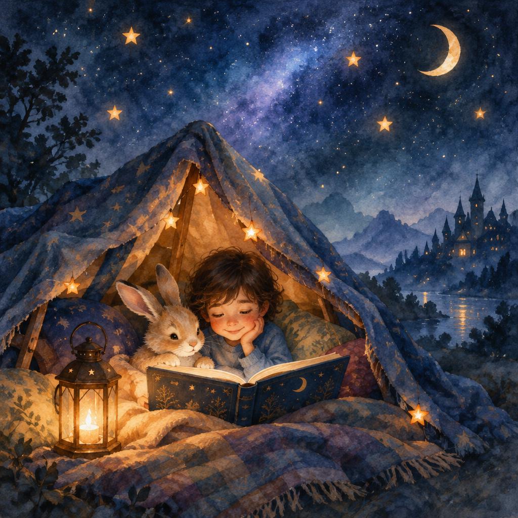 A child and a bunny reading together in a blanket fort under a starry sky